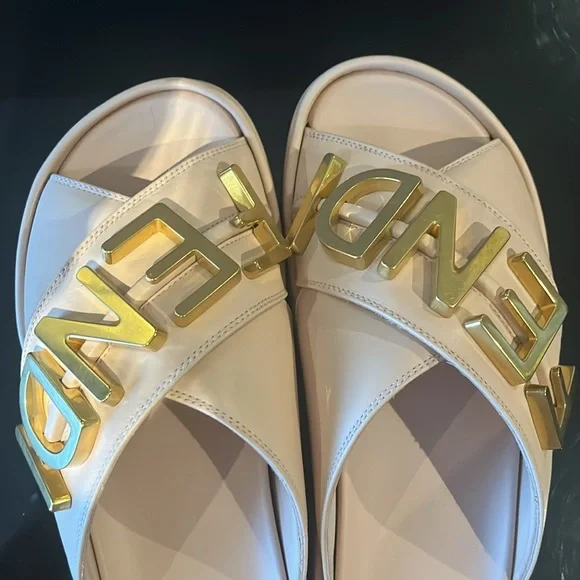 Fendi Beige and Gold Logo Sandals - Picture 4 of 6